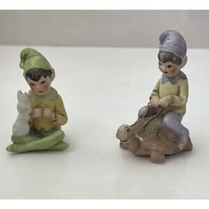 Josef Originals Fairy Pixie Figurines Elf On Turtle & Elf w/ Bunny